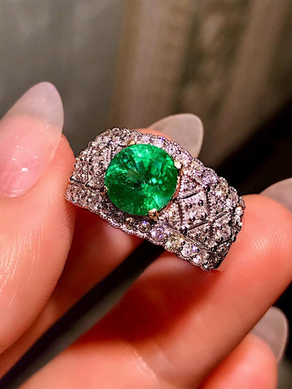 18K Gold Emerald Ring with Diamond Halo and Openwork Band