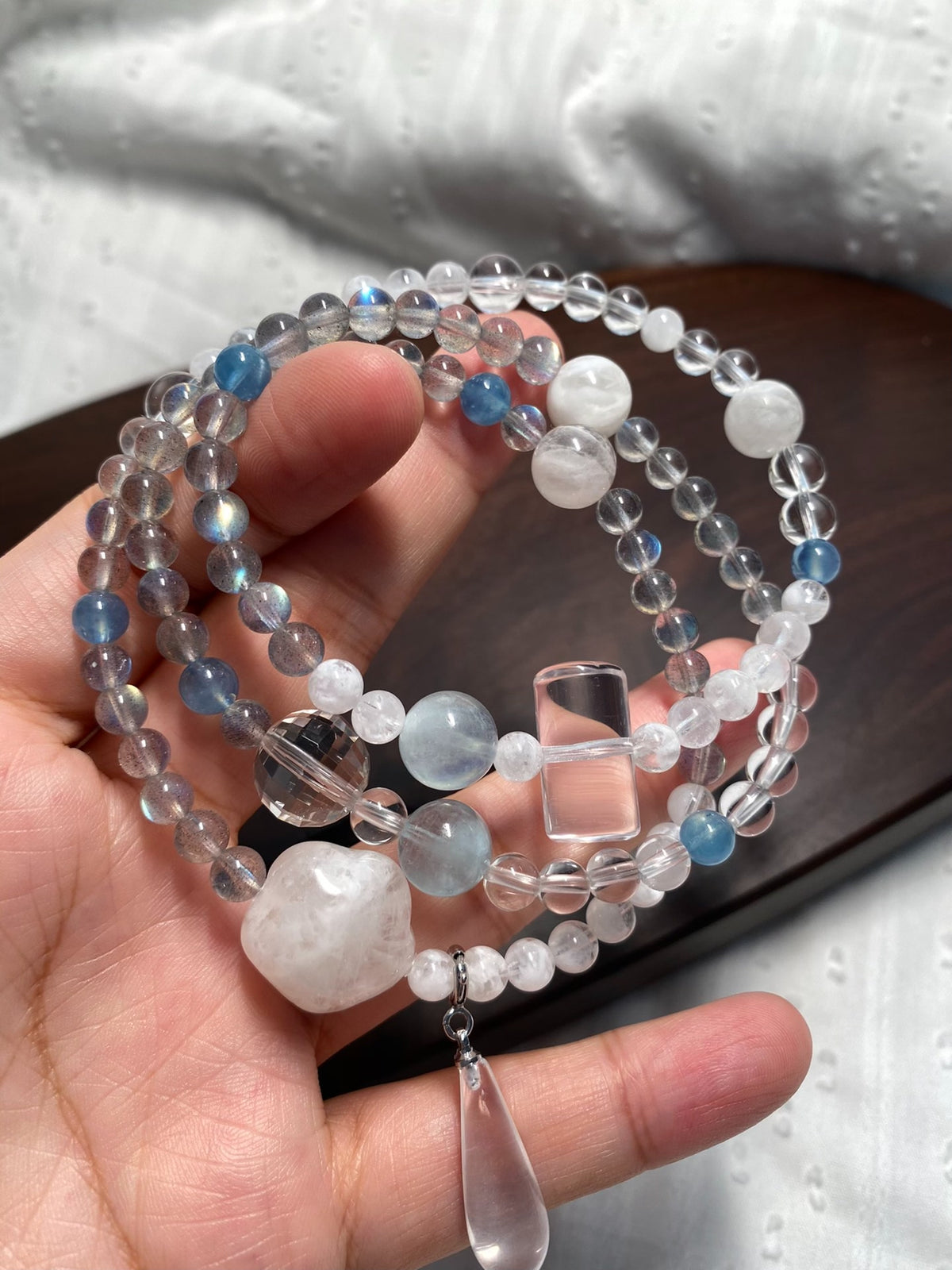 Natural Stone Triple Wrap Crystal Bracelet