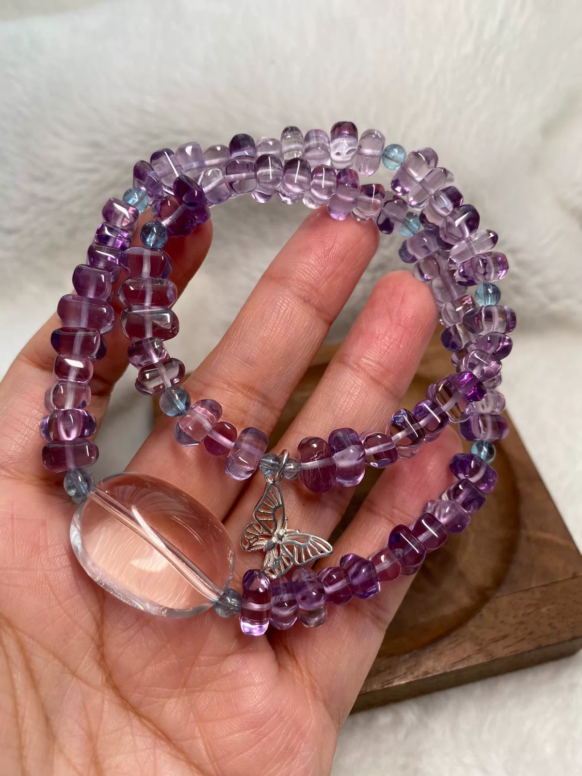 Pulsera de amatista de doble vuelta con cuarzo transparente