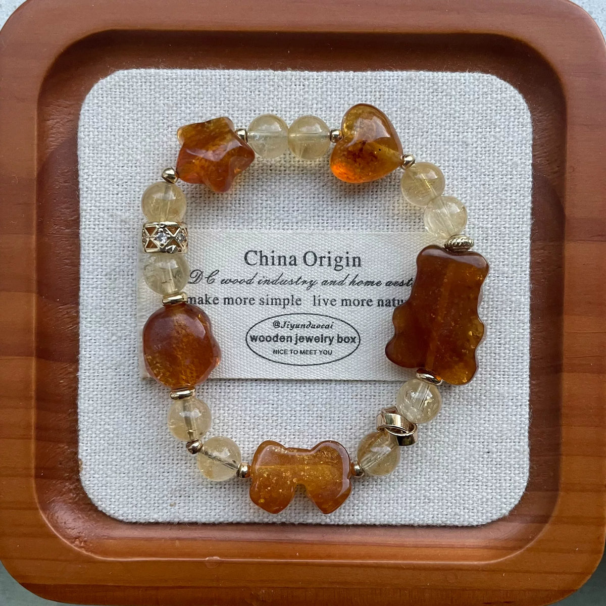 Natural Honey Amber Beaded Bracelet with Gold Accents