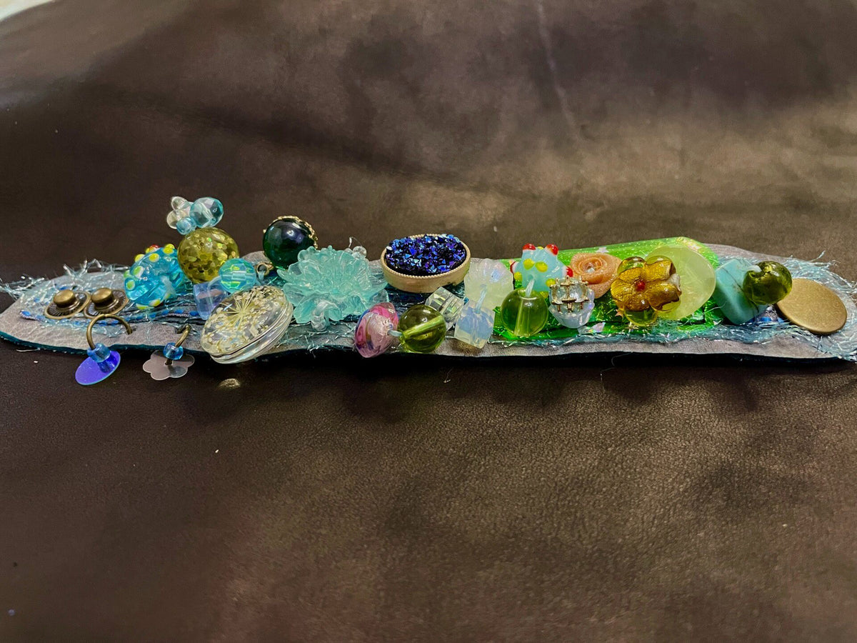 Distressed Leather Cuff Bracelet with Resin Charms