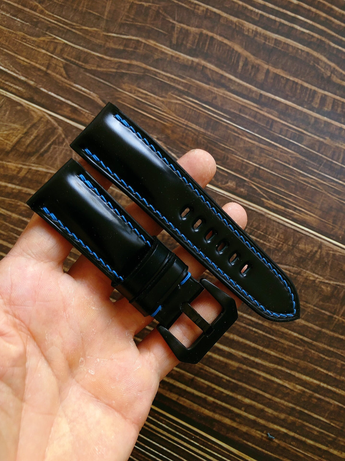Custom Shell Cordovan Watch Strap Blue Stitching