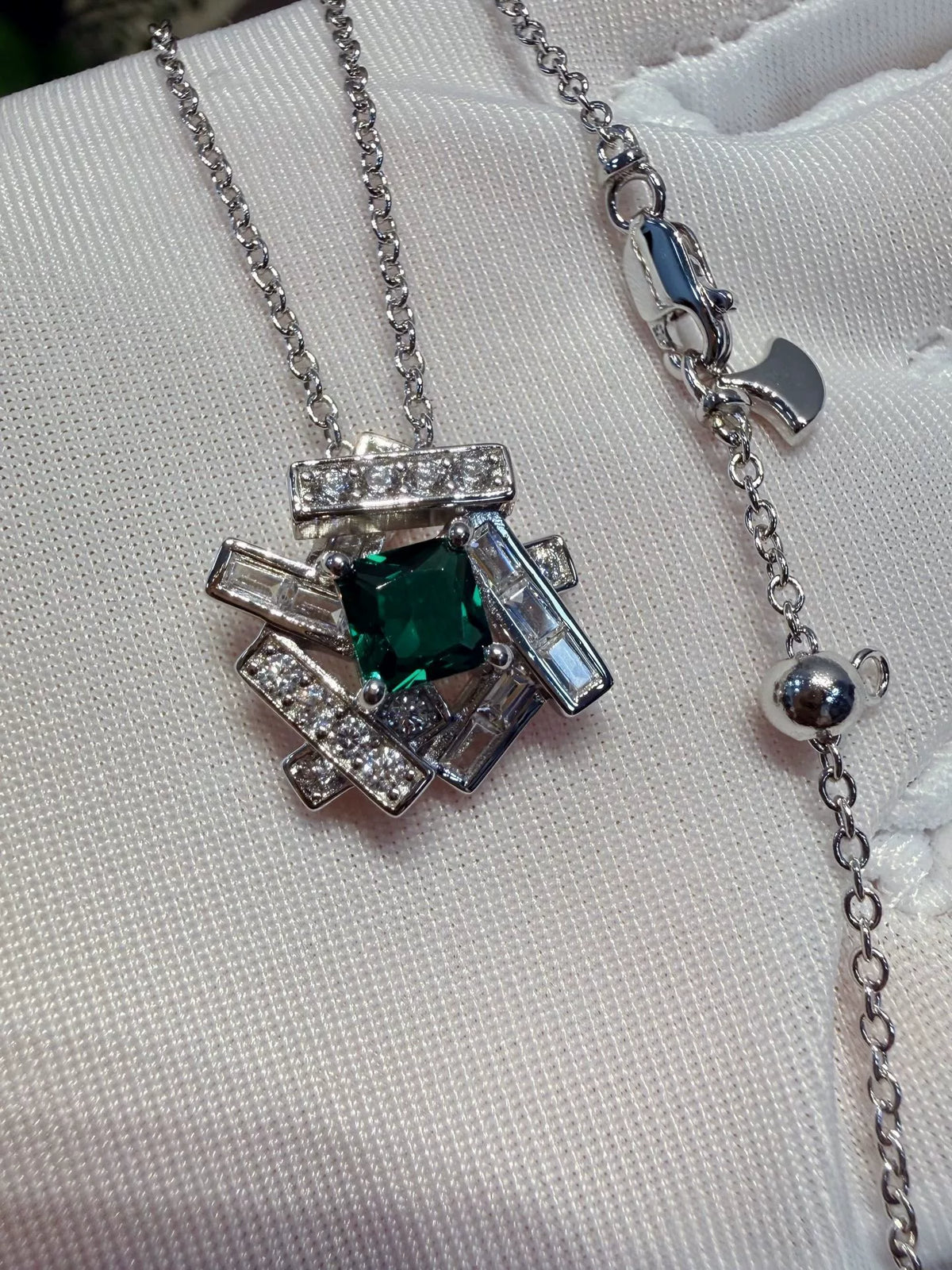 Geometric Green Stone Necklace Rhodium Plated