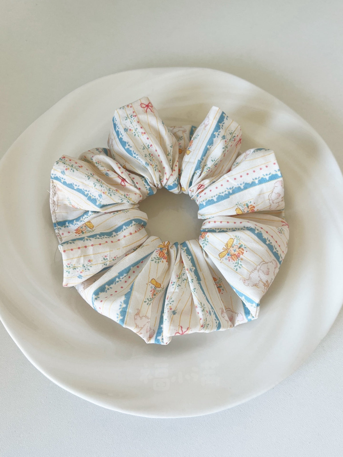 Blue Striped Floral Bunny Hair Scrunchie