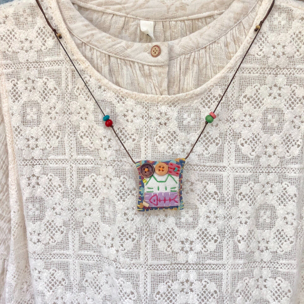 Cotton Fabric Cat and Fish Necklace