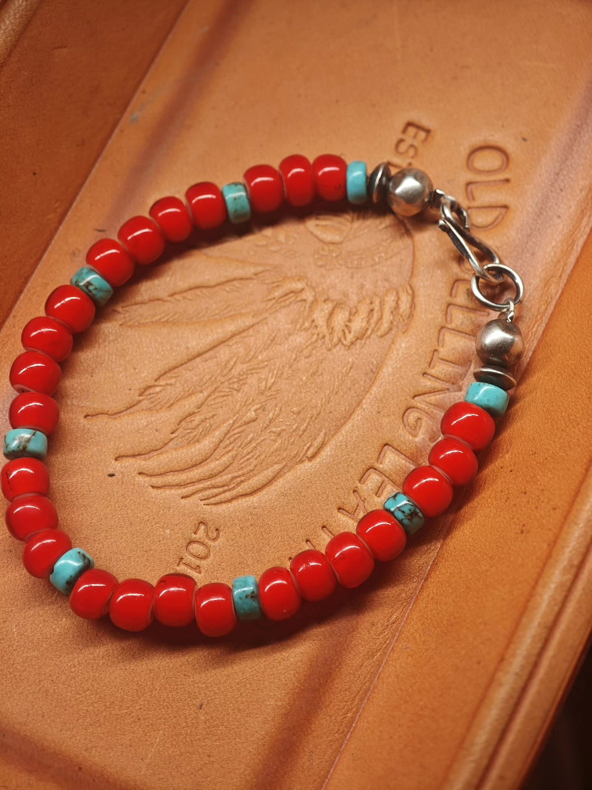 Armband aus rotem Glas und Türkisperlen 925 Silber