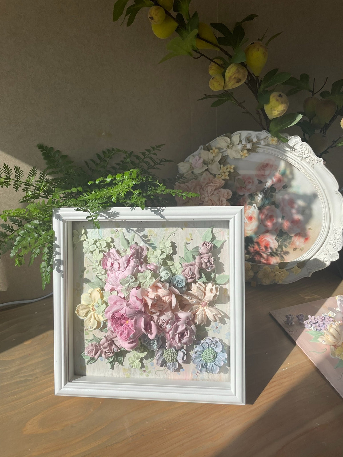 Clay Floral Art in White Square Frame