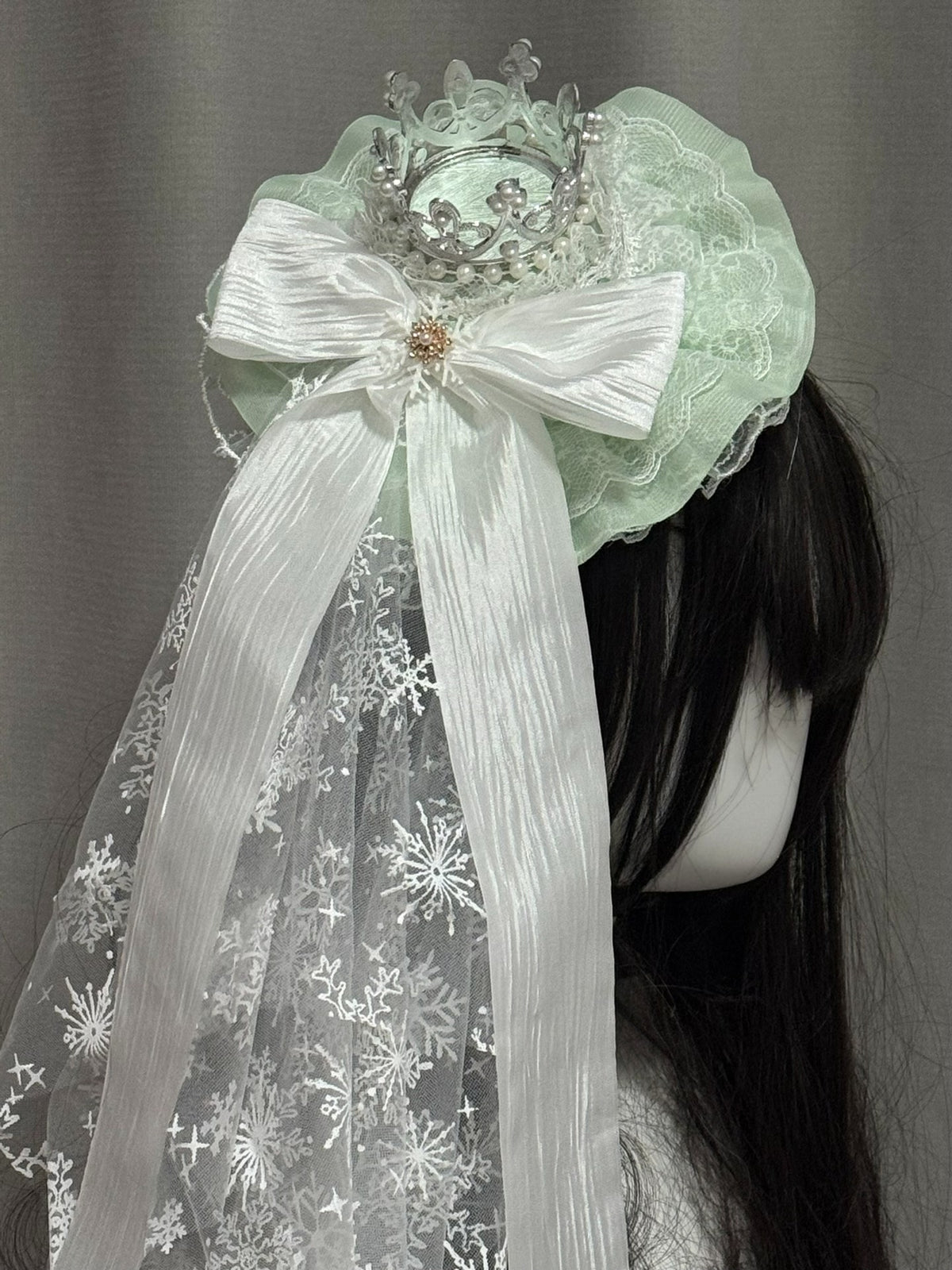 Green Bridal Bonnet with Snowflake Veil