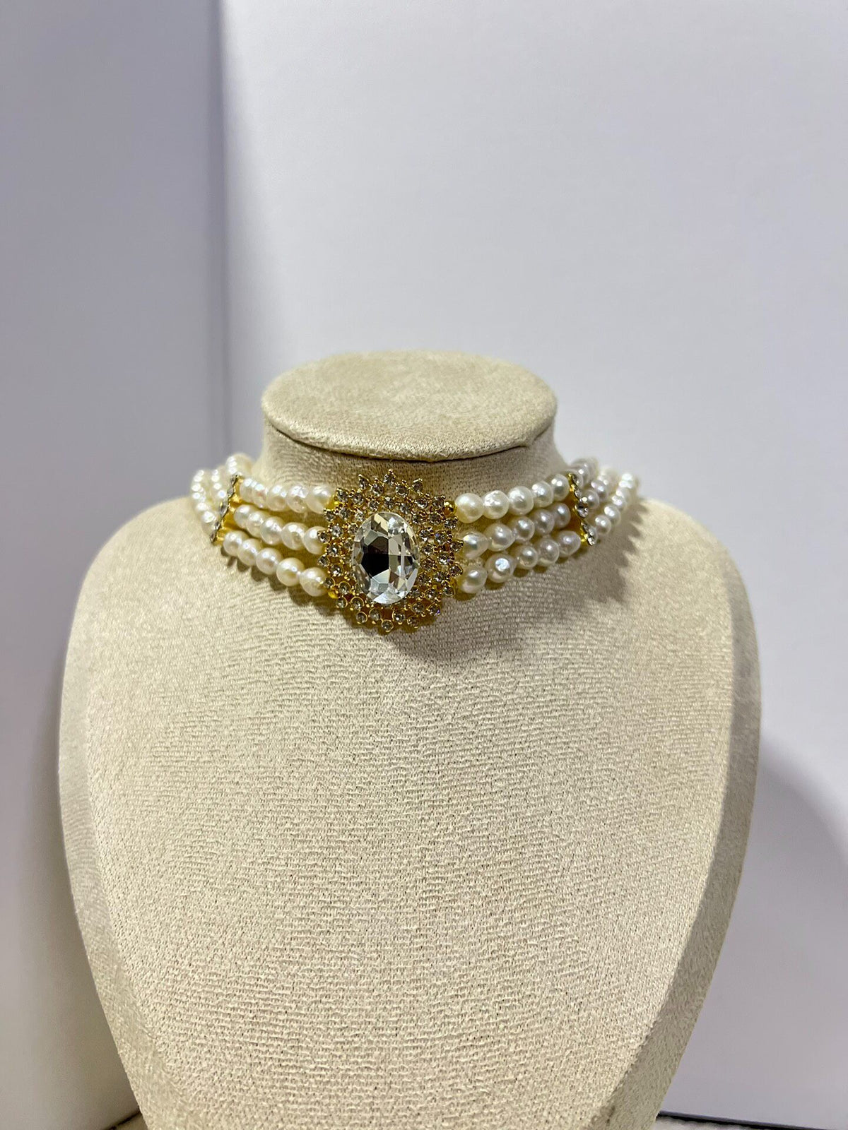 Three Strand Pearl Necklace Rhinestone Centerpiece