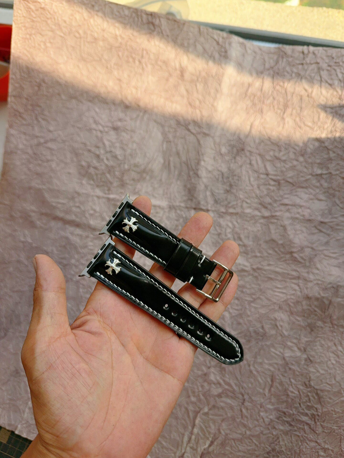 Handmade Black Leather Watch Strap Cross