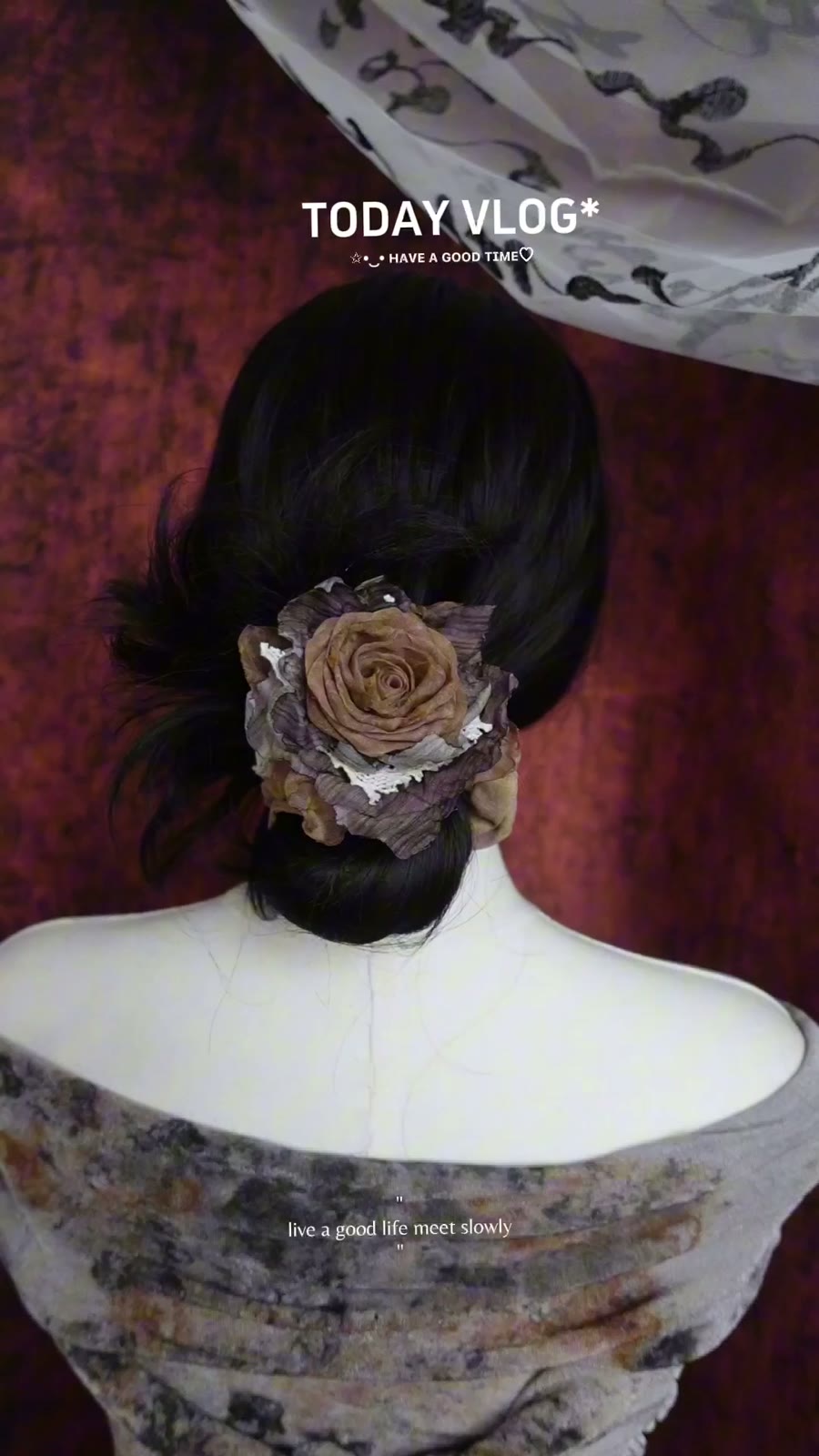 Fabric Scrunchie with Dried Rose Floral Embellishment