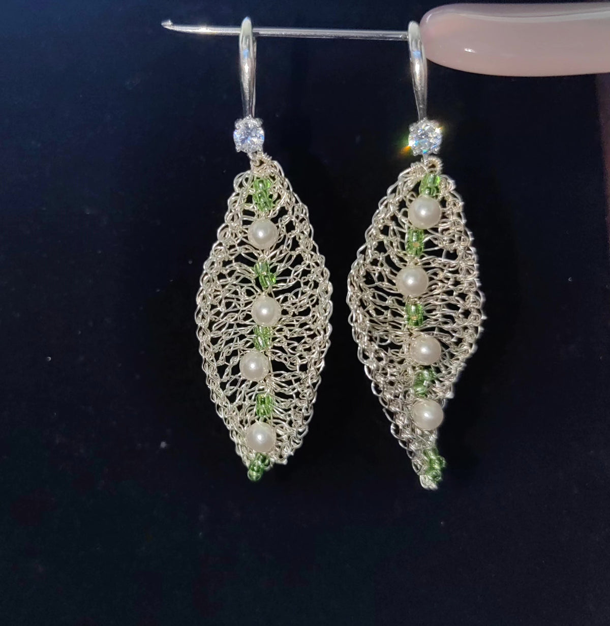 Handwoven Silver Leaf Pearl Earrings