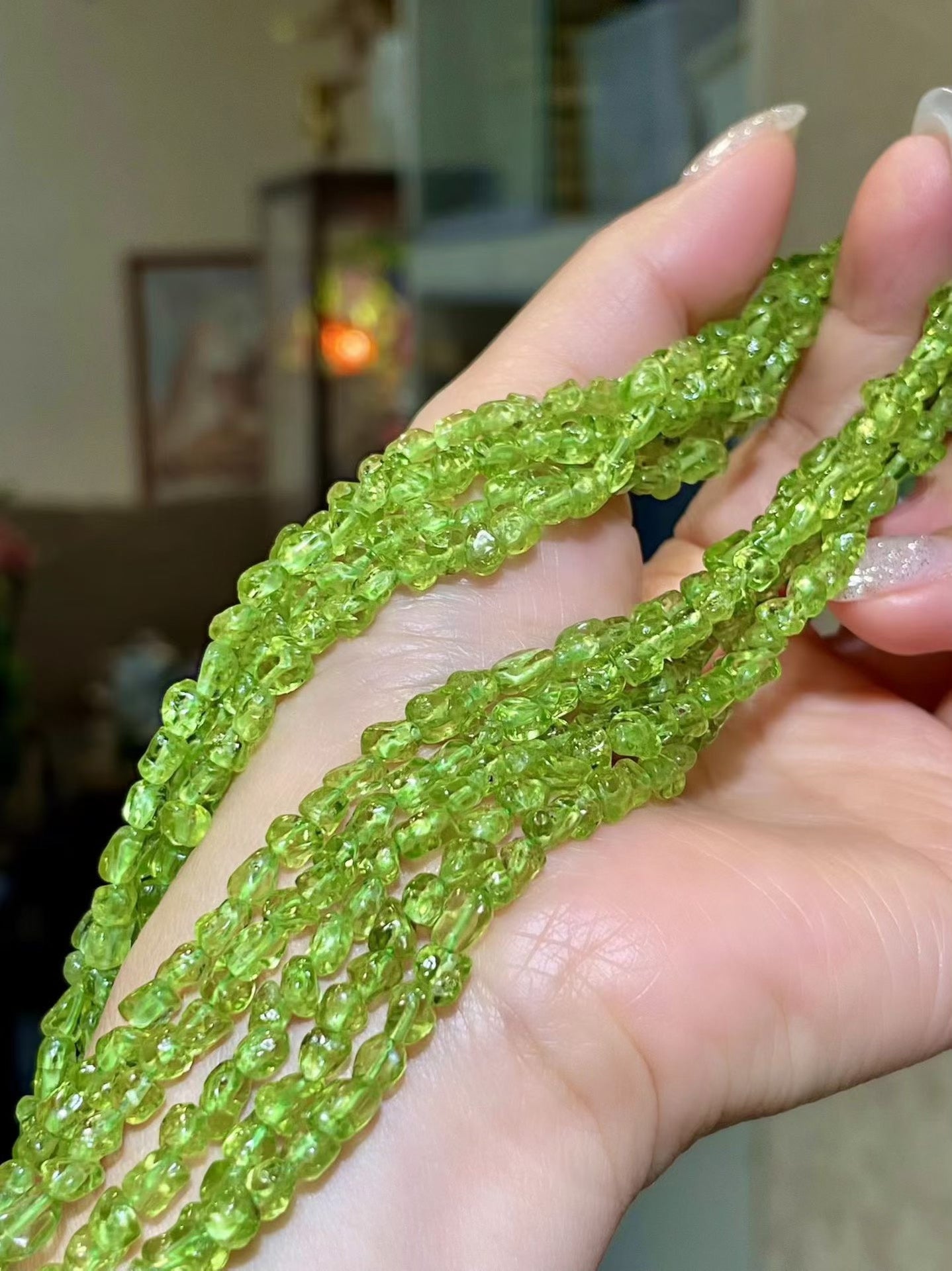 Five-Strand Freeform Faceted Peridot Necklace, 41cm