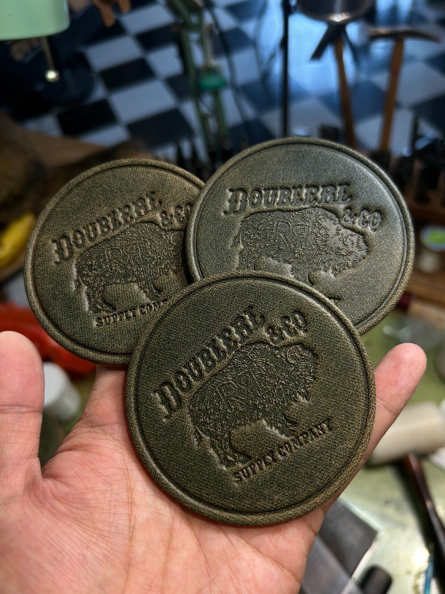Set of Three Vegetable-Tanned Leather Coasters with Bison Embossed Design