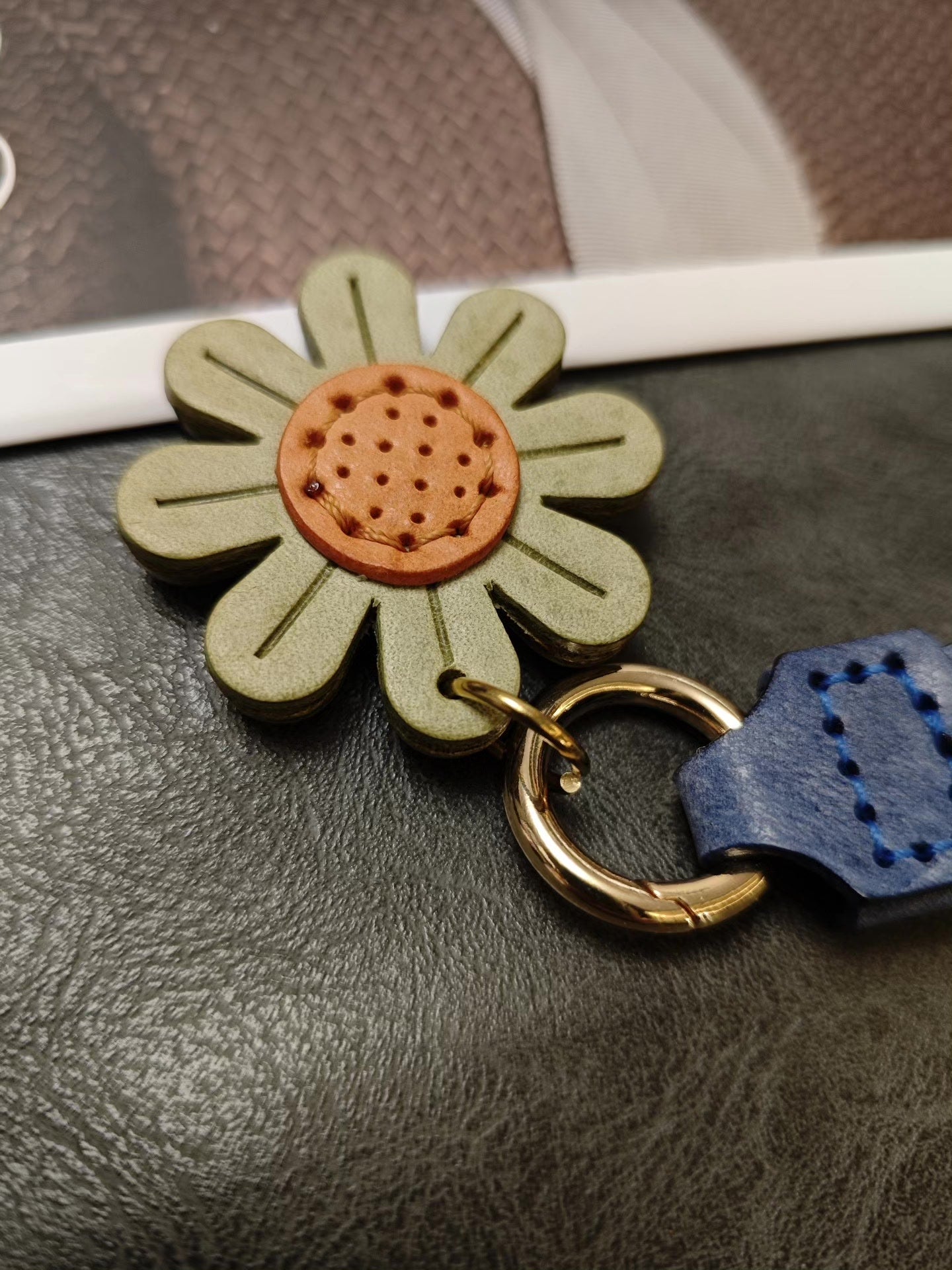 Handmade Leather Keychain Bag Charm with Flower and Zigzag Stitching