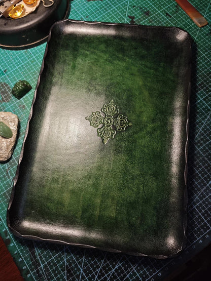 Emerald Green Leather Tray with Embossed Vajra Design