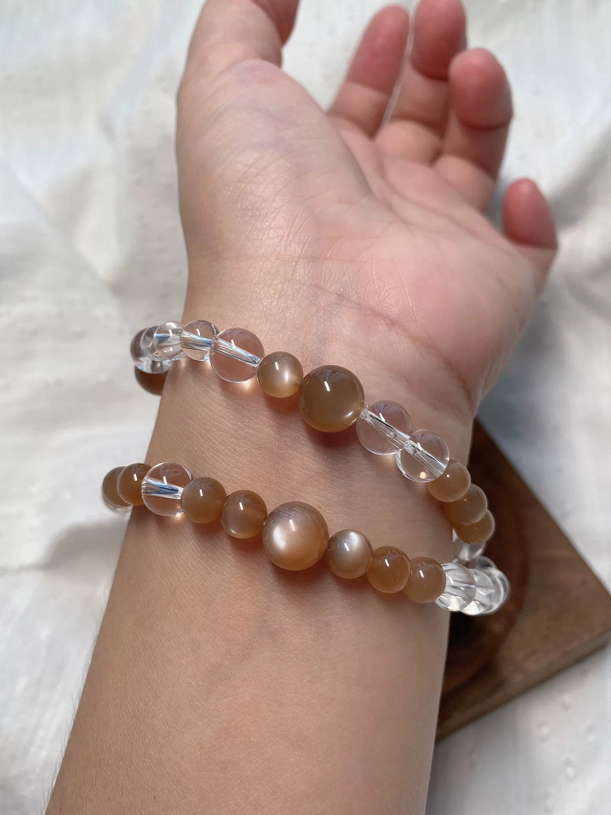 Moonstone and White Quartz Double Loop Bracelet