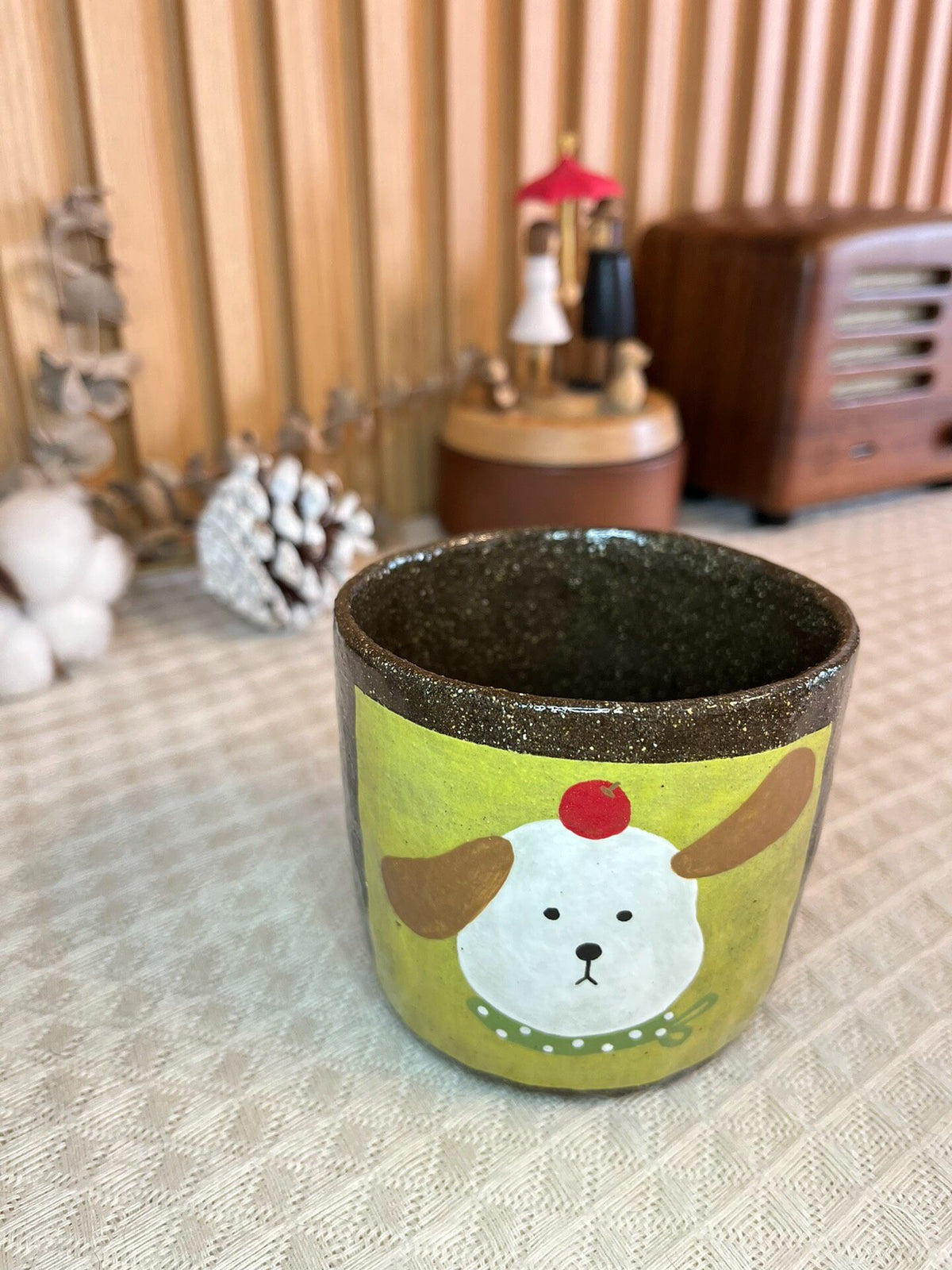 Handmade Black Clay Dog Face Cup 280ml
