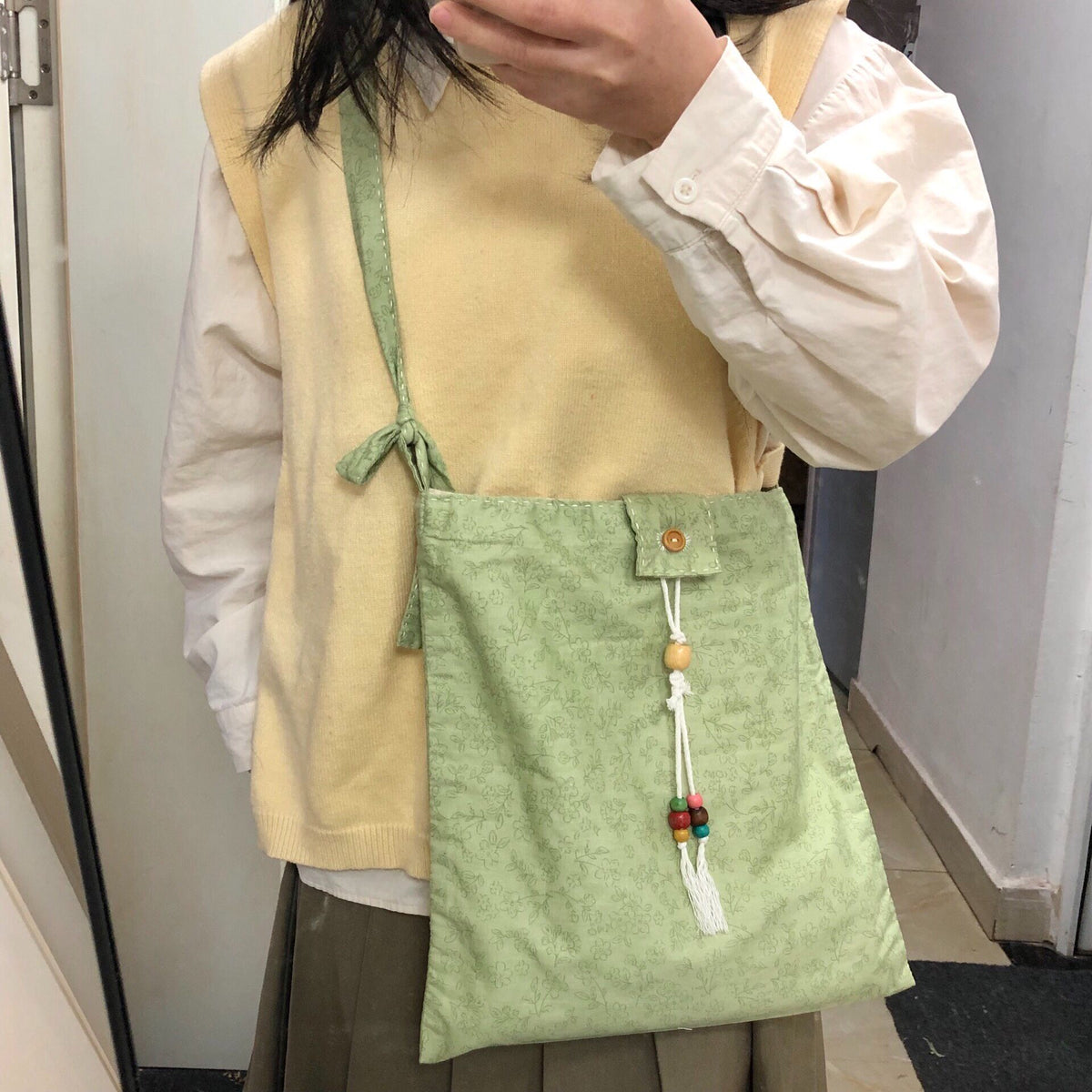 Hand Sewn Light Green Canvas Shoulder Bag
