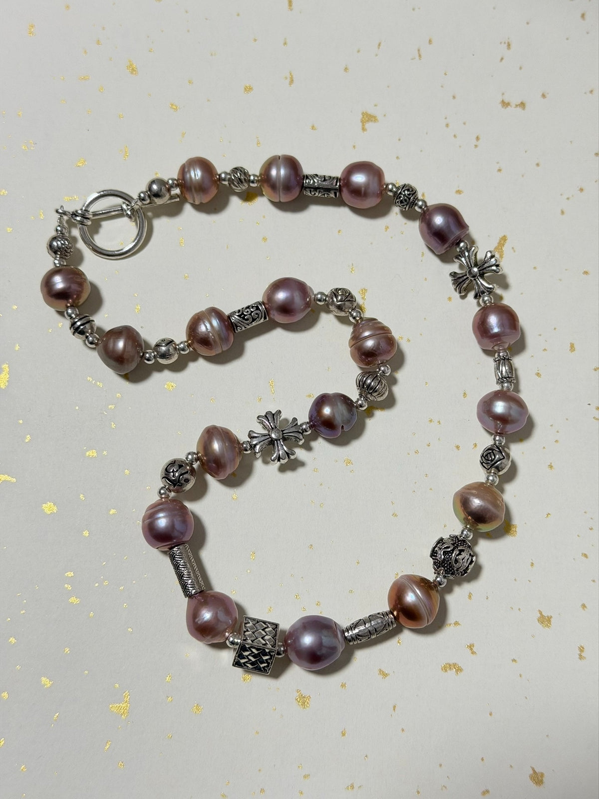 Purple Ribbed Bead Cross Charm Necklace
