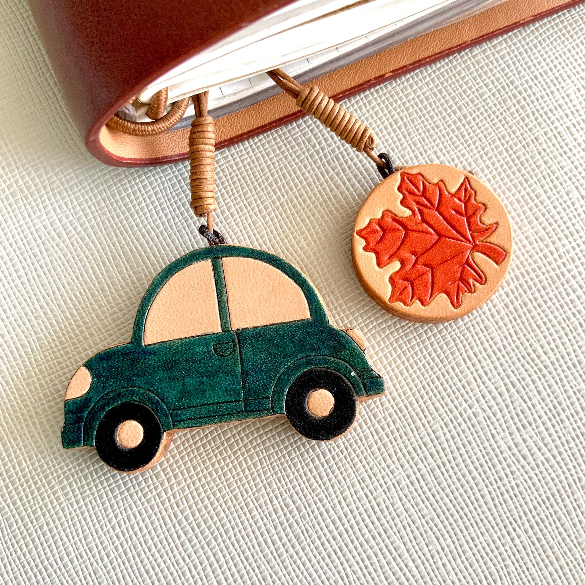 Handcrafted Leather Car and Leaf Charm Set