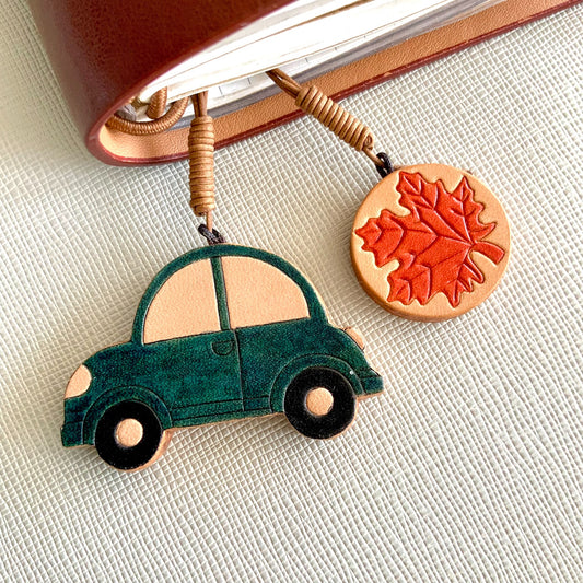 Handcrafted Leather Car and Leaf Charm Set