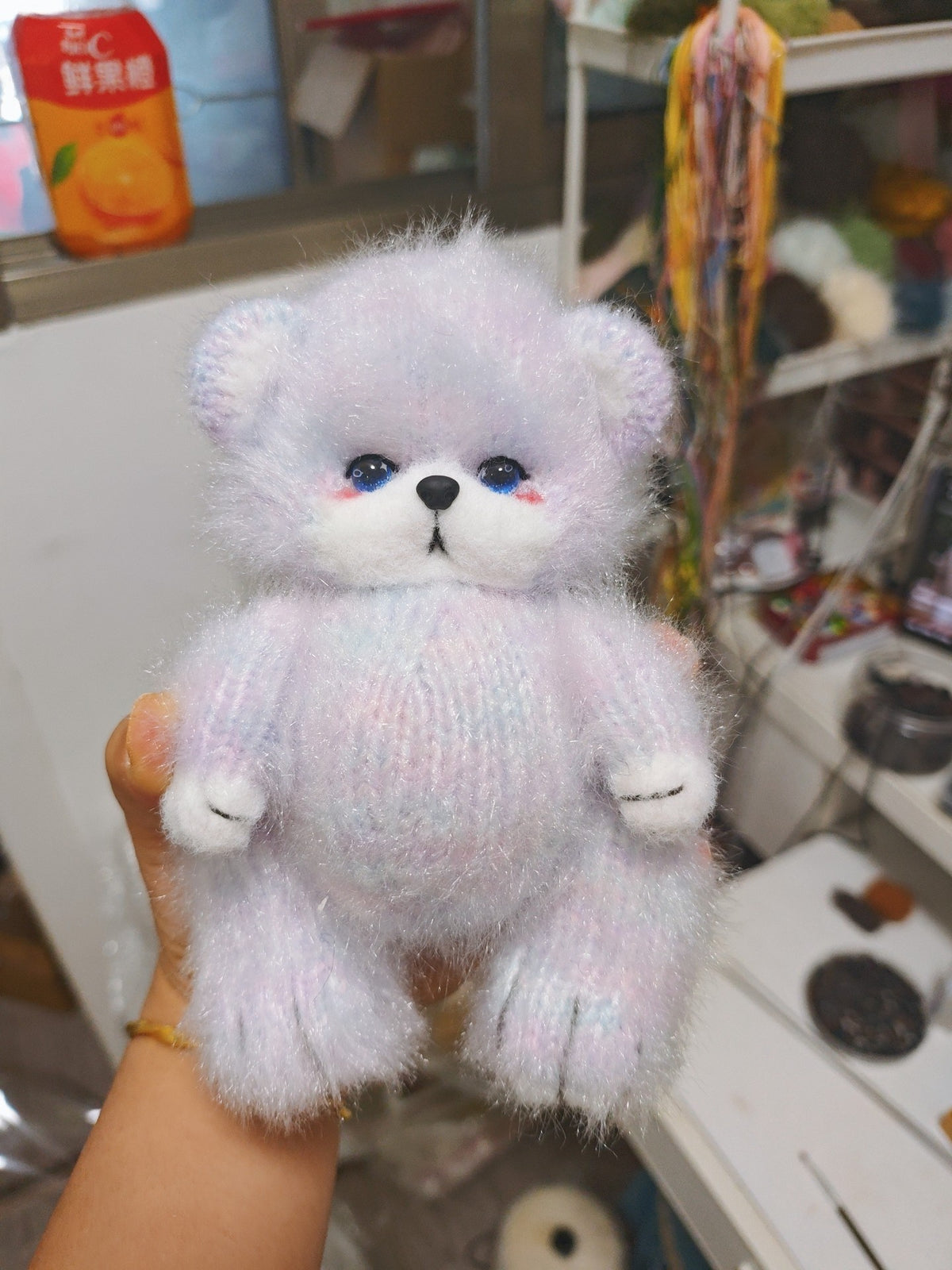 Knitted Plush Bear Toy with Stitched Face