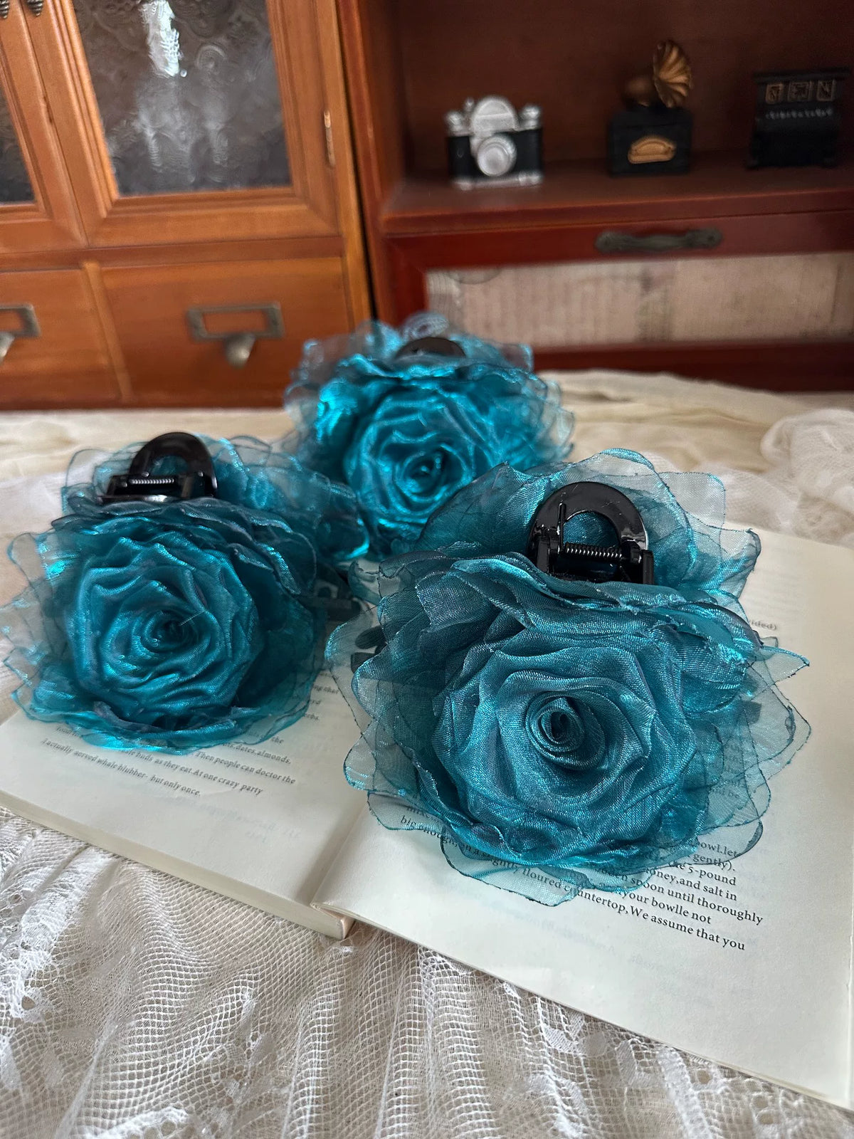 Peacock Blue Fabric Rose Hair Claw Clip