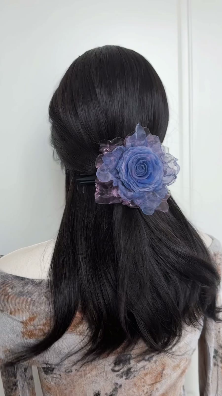 Handmade Organza Rose Claw Clip Blue Lavender