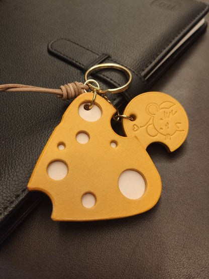 Handmade Leather Cheese and Mouse Bag Charm Keychain
