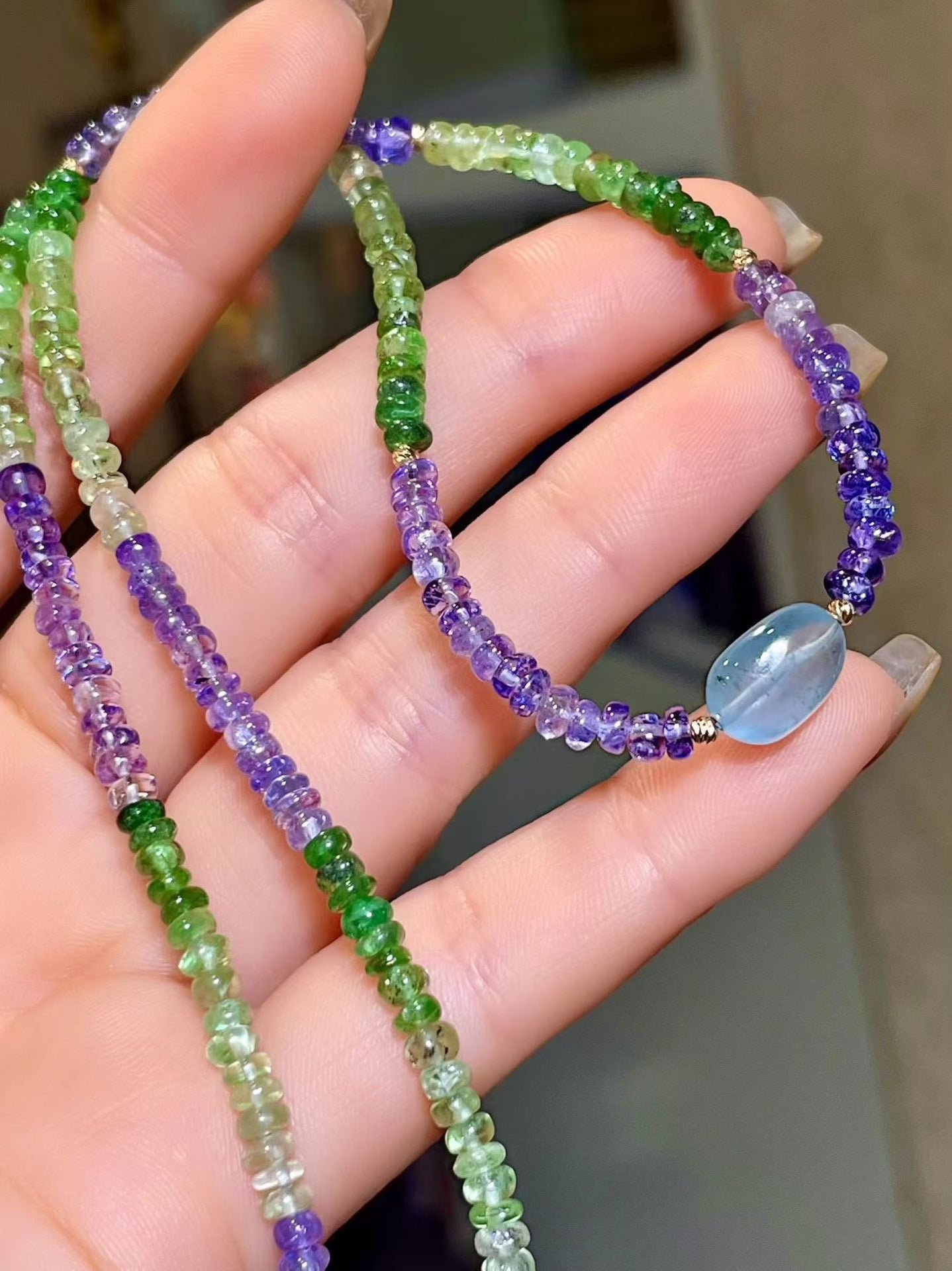 Tsavorite and Tanzanite Gradient Abacus Bead Necklace with Oval Cabochon Center