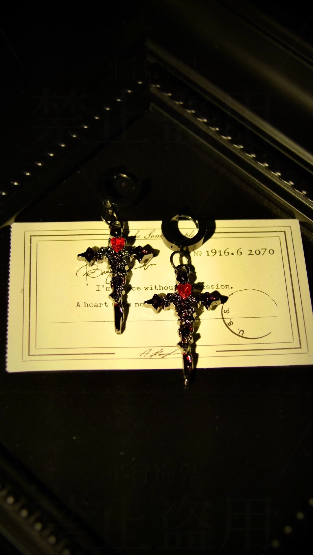 Gothic Cross Earrings with Red Heart Gemstones