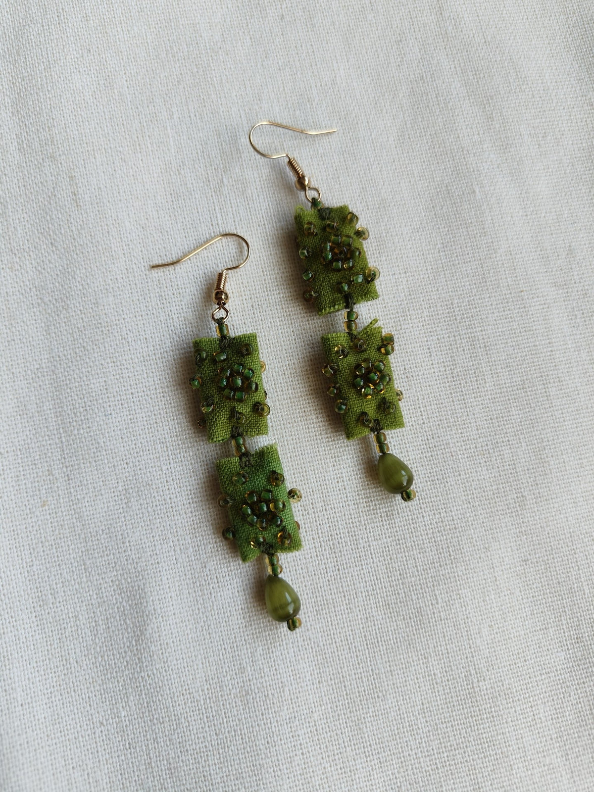 Handmade Fabric Earrings Green Beaded Tassel