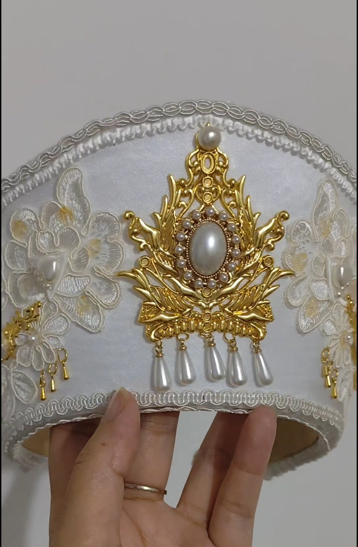White Satin Lolita Kokoshnik Headpiece with Gold Ornament
