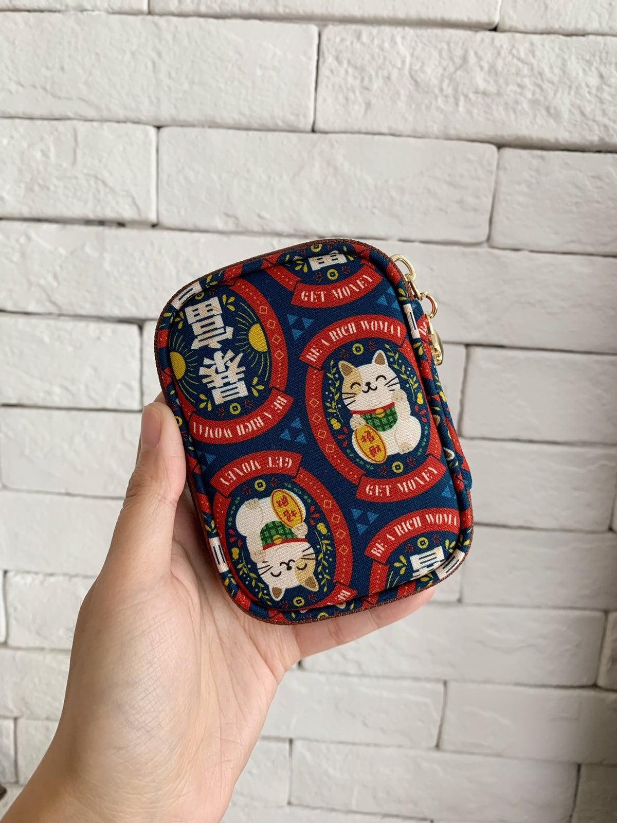 Navy Maneki-neko Zippered Pouch