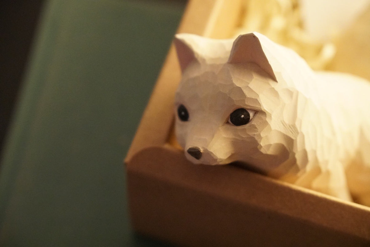 Hand Carved Wooden Sitting White Fox Figurine