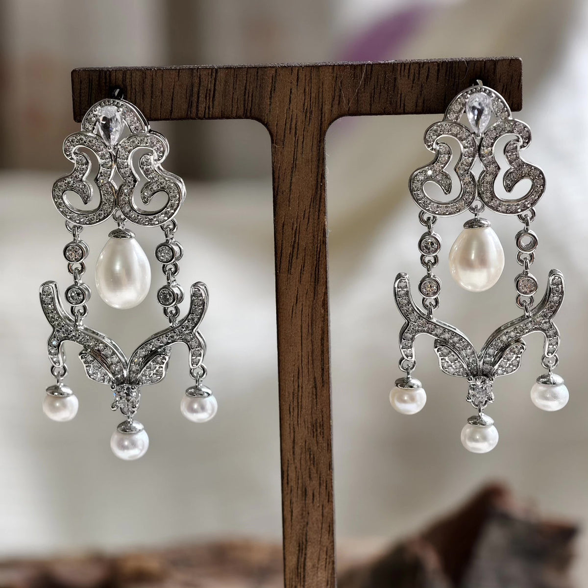 Silver Toned Chandelier Earrings with Natural Pearl