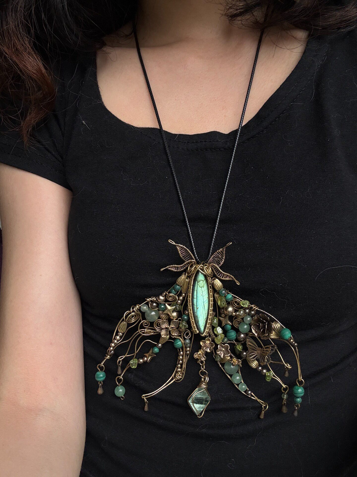 Labradorite Necklace Brooch Brass Wire