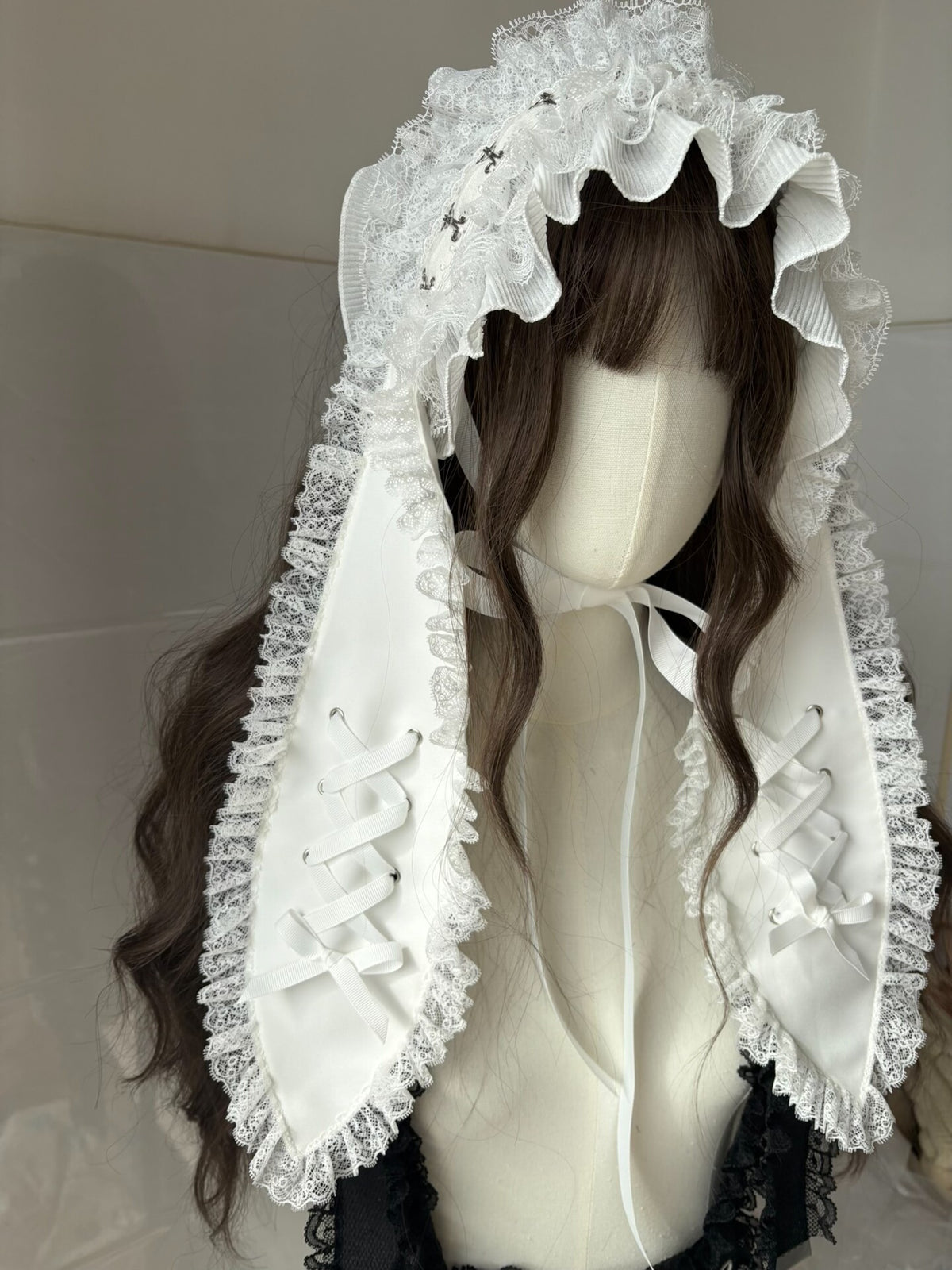 Gothic Lace Bunny Ear Headband with Ribbon Lacing