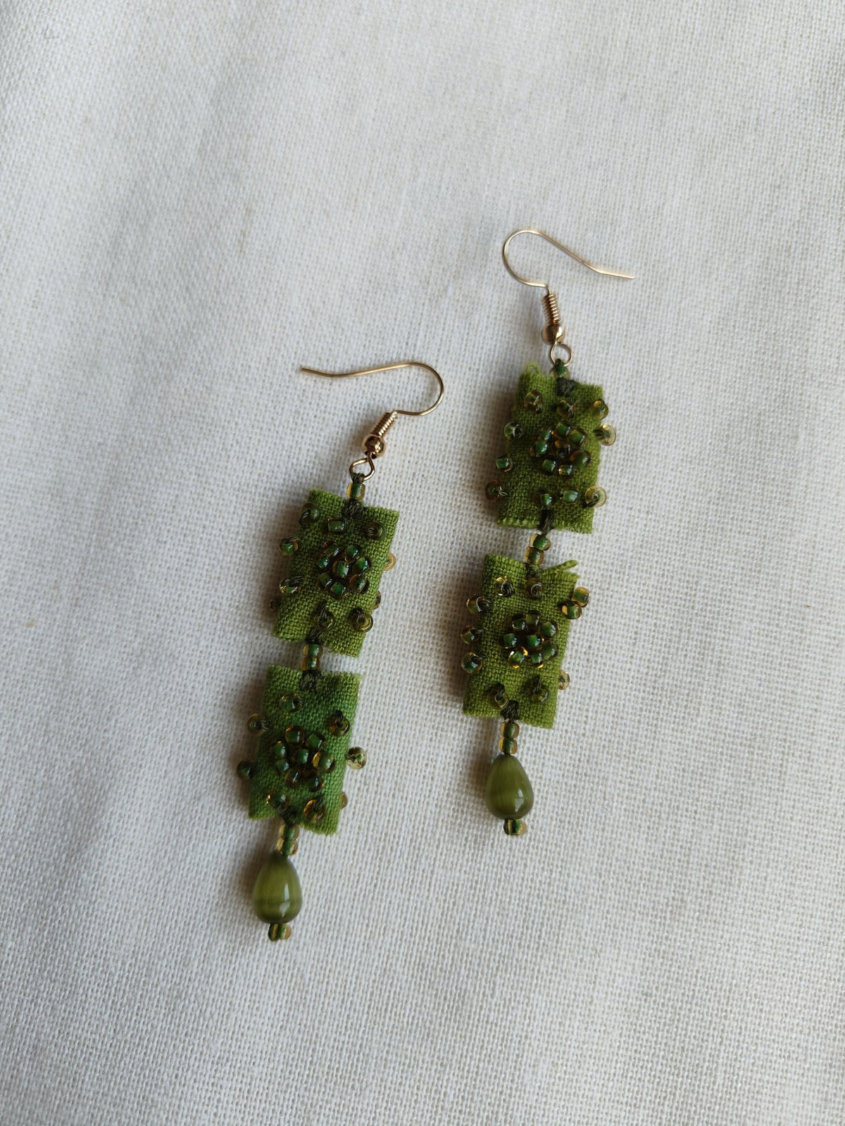 Handmade Fabric Earrings Green Beaded Tassel