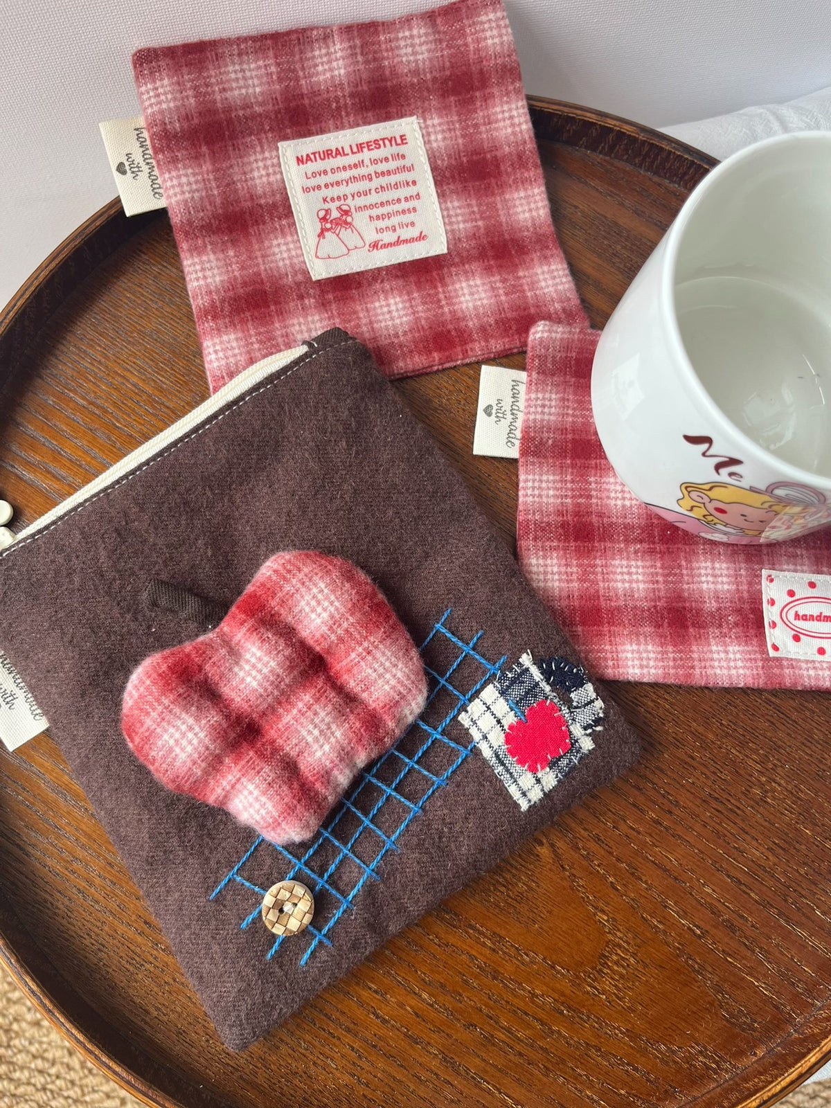 Handmade Apple Pouch with Red Plaid Cup Mats