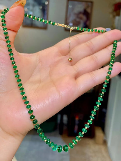 Emerald Bead Necklace, 30.16ct, 3-6mm Diameter, 18K Gold Spacers