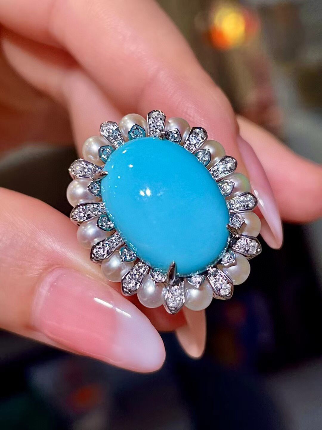 18K Gold Ring with Oval Cabochon Blue Sleeping Beauty Turquoise, Pearl Halo, and Diamond Accents