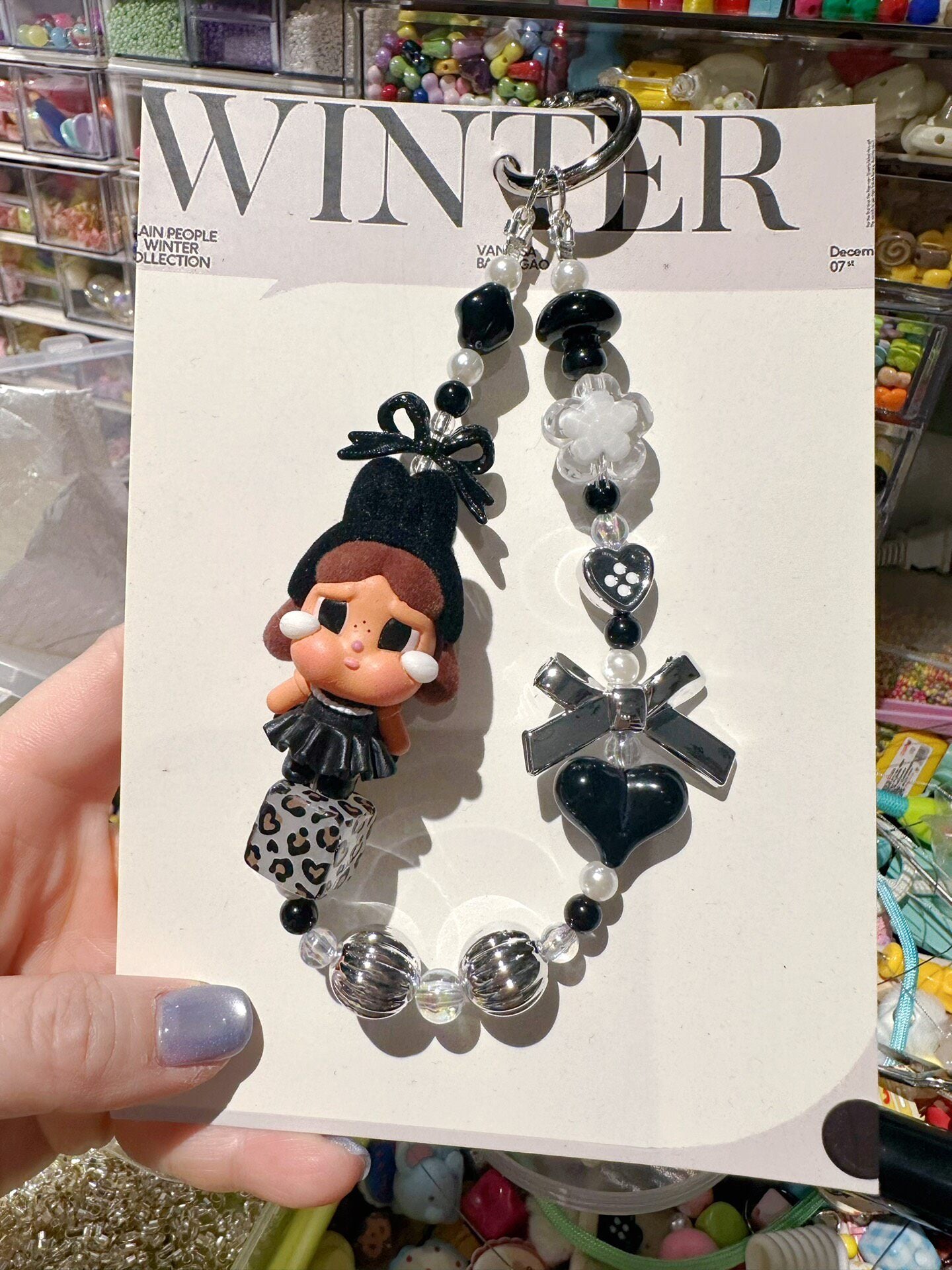 Black and White Elegant Character Figurine Keychain with Beads