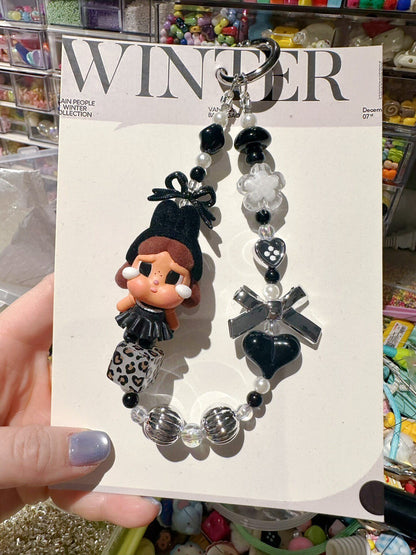 Black and White Elegant Character Figurine Keychain with Beads