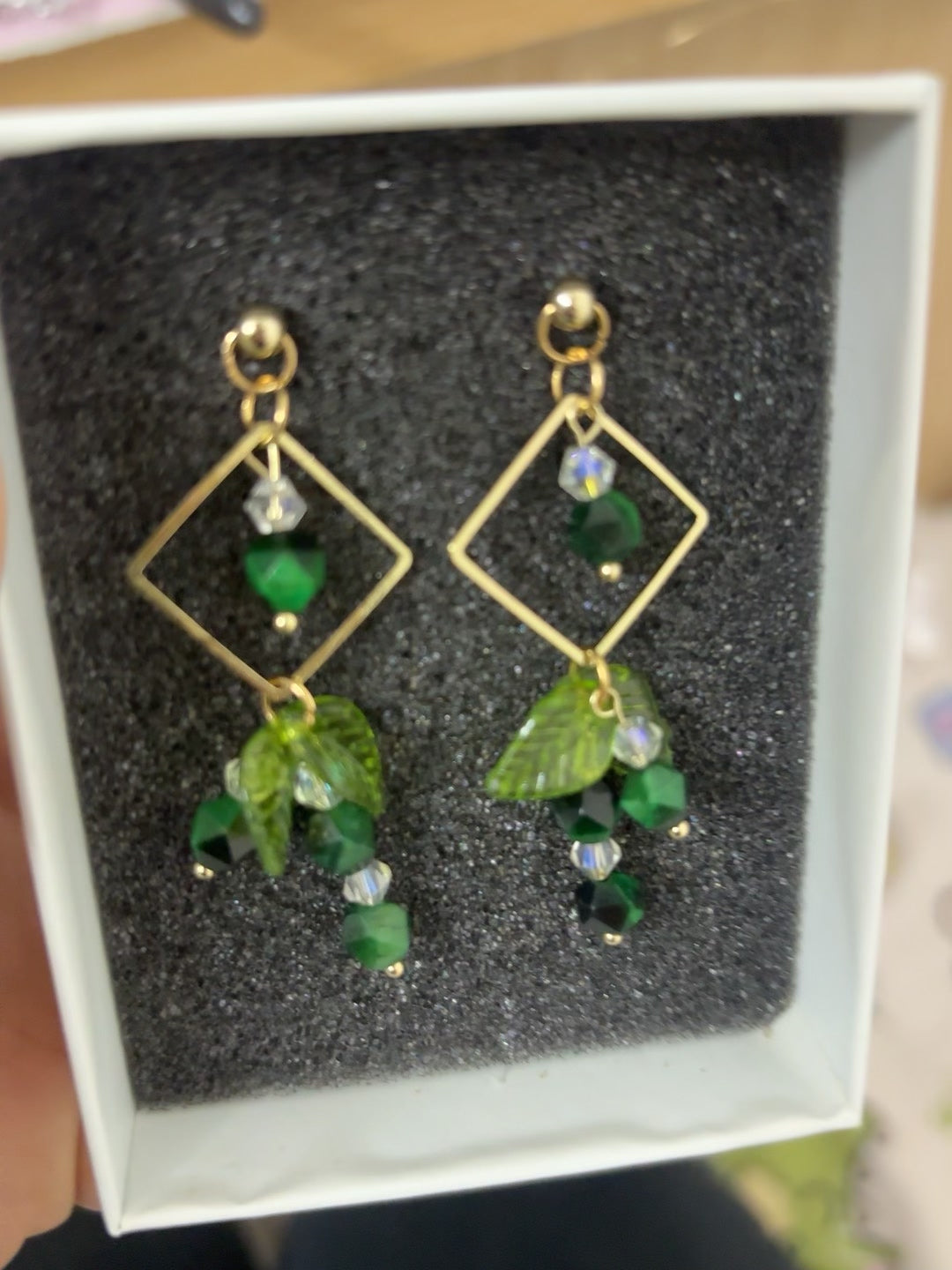 Green Crystal Geometric Dangle Earrings