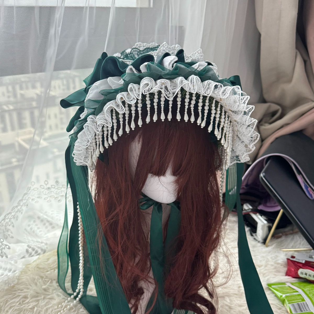 Handcrafted Lolita Bonnet Hat with Pearl Beads