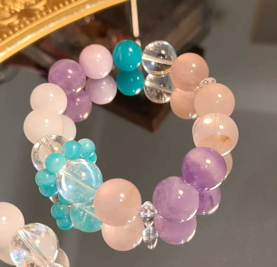 Bracciale a perline in gemme pastello quarzo rosa ametista