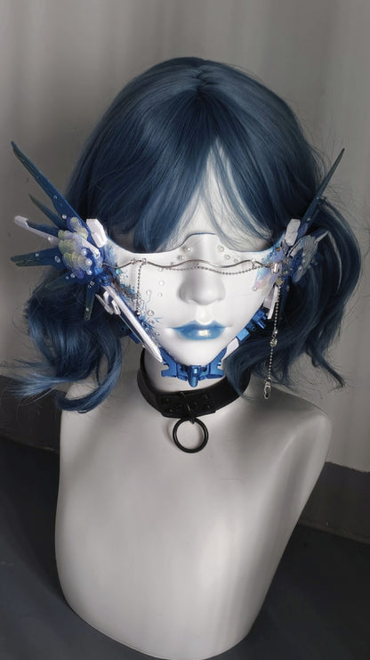 Cyberpunk Half-Face Mask with Blue Mechanical Fins and Pearl Beads