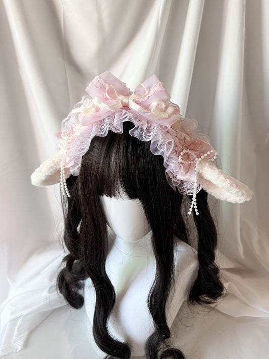 Lolita Plush Ear Headband with Lace and Satin Bow